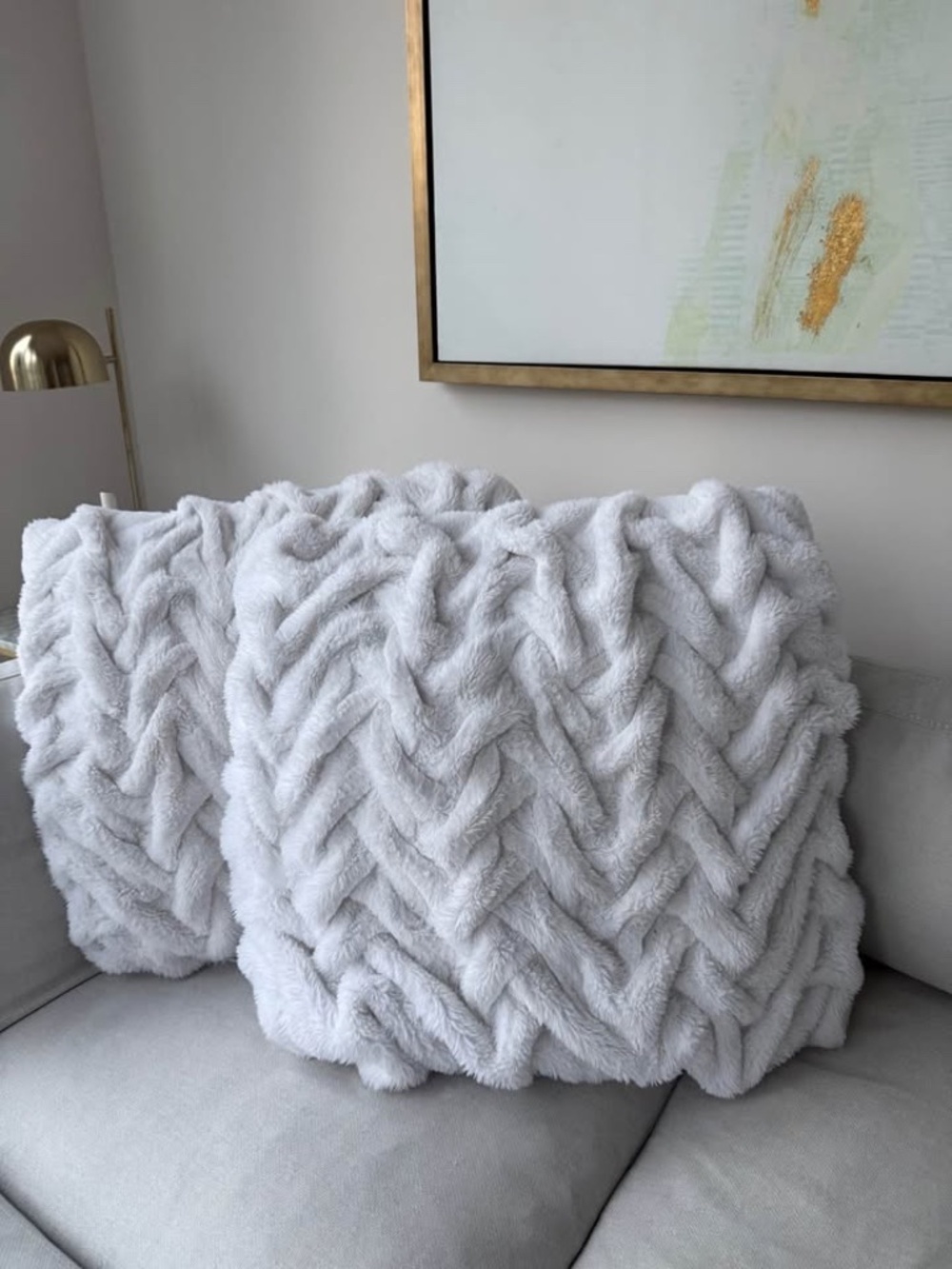 Set of 2 Plush Faux Fur Decorative Throw Pillows Soft Grey Chevron 21.5”x 21.5"
